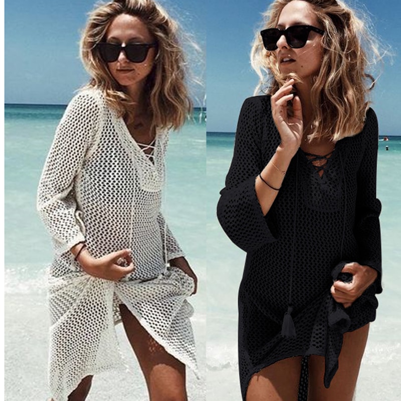 2019 -through Beach Dress  Beach Cover Up Bikini Crochet Ʈ  Tie ġ  Swimsuit Cover Up 